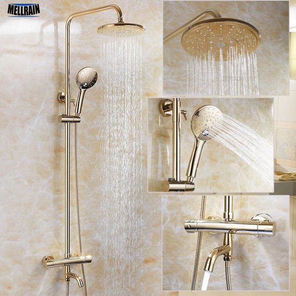 gold color bathroom thermostatic control shower faucet set wall mounted round design rain head brass material sets
gold color bathroom thermostatic control shower faucet set wall mounted round design rain head brass material sets