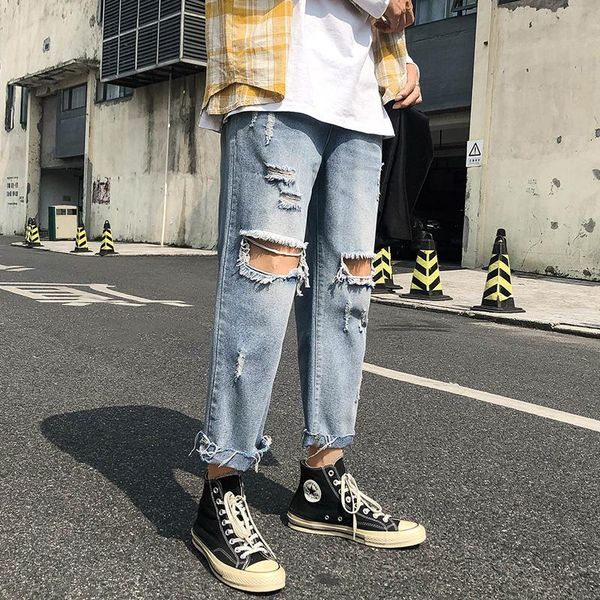 men's jeans 2021 summer knee ripped straight loose hip hop beggar cropped fashion brand street trendy hong kong style pants, Blue
men's jeans 2021 summer knee ripped straight loose hip hop beggar cropped fashion brand street trendy hong kong style pants, Blue