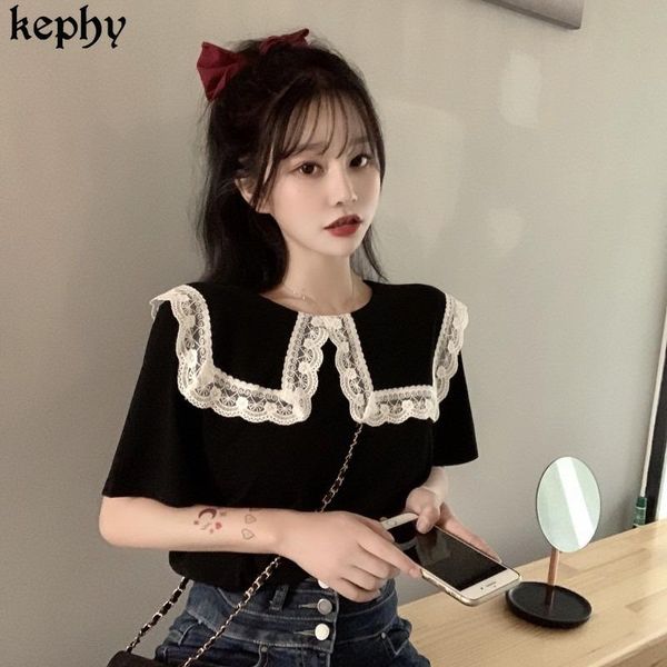 women french short-sleeve t-shirt female summer lace doll collar ruffled black y2k shirt aesthetic clothing women's, White
women french short-sleeve t-shirt female summer lace doll collar ruffled black y2k shirt aesthetic clothing women's, White