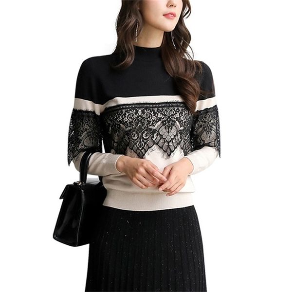 retro pullover sweater for women slim autumn winter black white lace floral stitching o-neck long sleeve fine knit jumpers 211217, White;black
retro pullover sweater for women slim autumn winter black white lace floral stitching o-neck long sleeve fine knit jumpers 211217, White;black