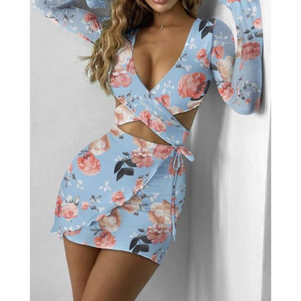 women's swimwear women two piece outfits long sleeve floral print cross crop + tie up mini skirt set, White;black
women's swimwear women two piece outfits long sleeve floral print cross crop + tie up mini skirt set, White;black