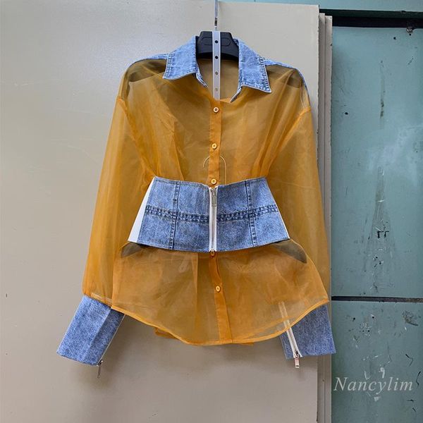women's blouses & shirts high street blouse for women 2021 spring organza stitching denim long-sleeved shirt lady with waist seal, White
women's blouses & shirts high street blouse for women 2021 spring organza stitching denim long-sleeved shirt lady with waist seal, White