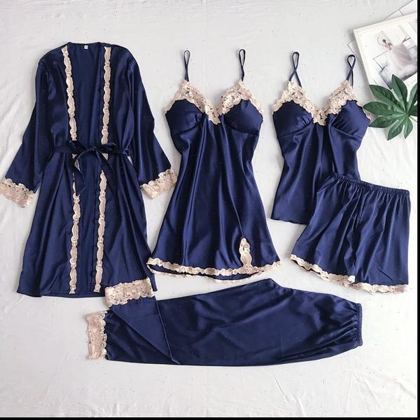 5pcs pyjamas set satin women sleepwear lace nightwear navy blue v neck pajamas suit spring silky sleep wear home negligee, Black;red
5pcs pyjamas set satin women sleepwear lace nightwear navy blue v neck pajamas suit spring silky sleep wear home negligee, Black;red