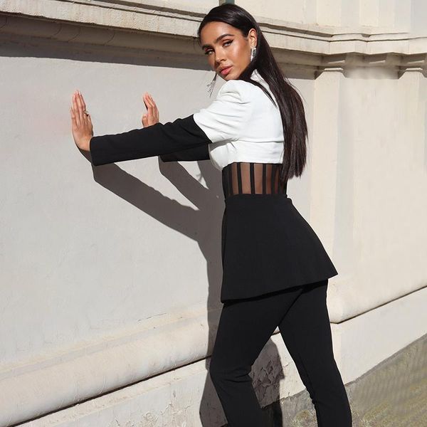 women's two piece pants high street est 2021 designer runway suit set color block perspective blazer pcs, White
women's two piece pants high street est 2021 designer runway suit set color block perspective blazer pcs, White