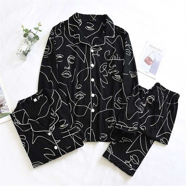 spring and autumn couples 100% cotton pajamas long-sleeved trousers two-piece female abstract painting home service male 211215, Black;red
spring and autumn couples 100% cotton pajamas long-sleeved trousers two-piece female abstract painting home service male 211215, Black;red