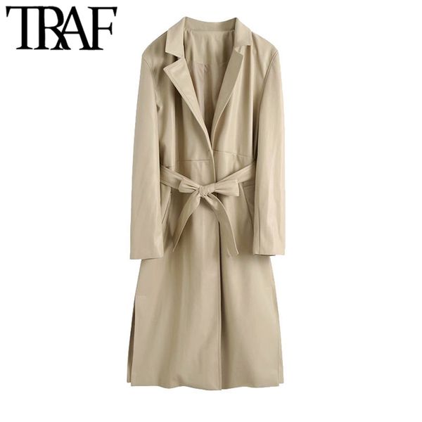 women fashion with belt faux leather trench coat vintage long sleeve side vents female outerwear chic 210507, Tan;black
women fashion with belt faux leather trench coat vintage long sleeve side vents female outerwear chic 210507, Tan;black