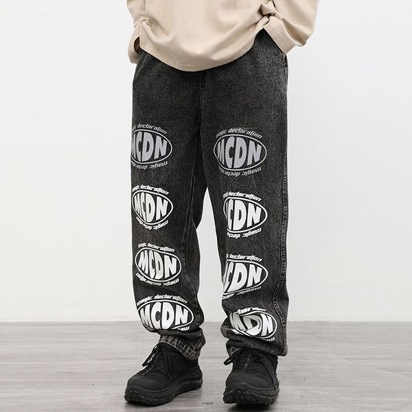 reflective letter print jeans for men and women loose wide-leg straight denim pants elastic waist oversize trousers, Black
reflective letter print jeans for men and women loose wide-leg straight denim pants elastic waist oversize trousers, Black