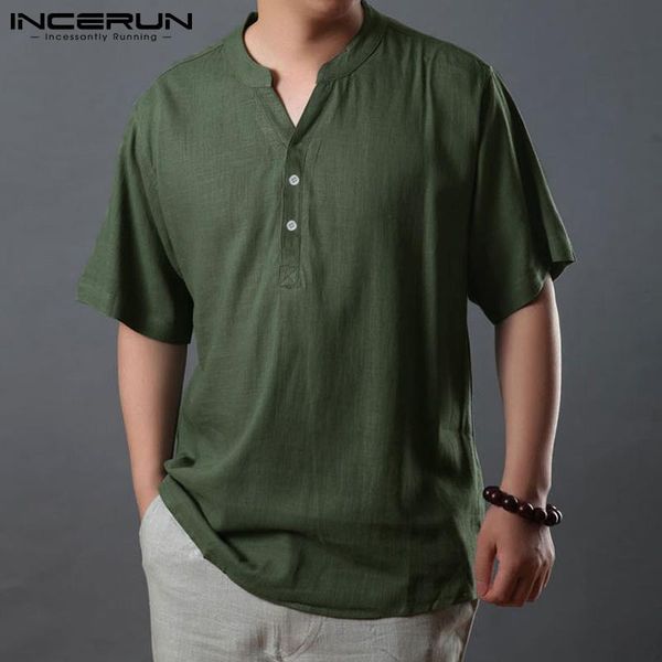 men's casual shirts men shirt solid color v neck short sleeve cotton loose clothing vintage streetwear summer leisure camisas incerun, White;black
men's casual shirts men shirt solid color v neck short sleeve cotton loose clothing vintage streetwear summer leisure camisas incerun, White;black