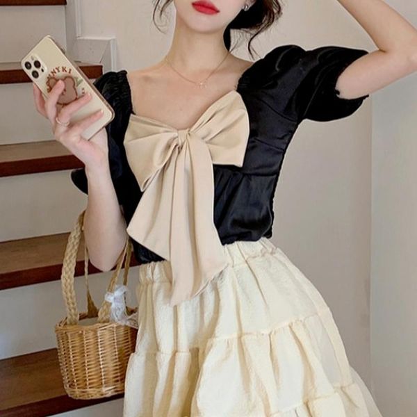 women's blouses & shirts summer short sleeve women blouse korean fashion bows design casual vintage elegant patchwork puff 2021, White
women's blouses & shirts summer short sleeve women blouse korean fashion bows design casual vintage elegant patchwork puff 2021, White