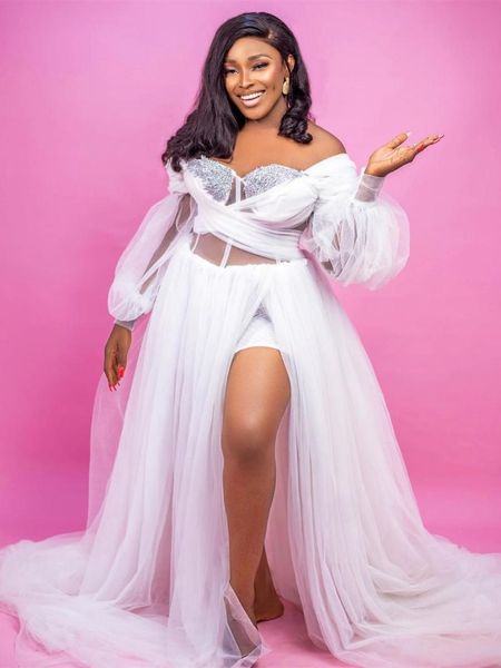 party dresses aso ebi style evening long puffy sleeves side split beaded sweetheart tulle see thru plus size prom gowns, White;black
party dresses aso ebi style evening long puffy sleeves side split beaded sweetheart tulle see thru plus size prom gowns, White;black