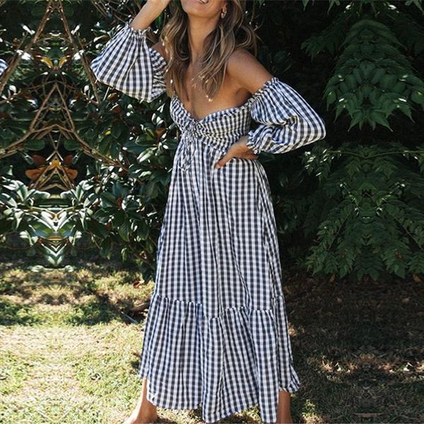 summer black white plaid women dress puff sleeve one line stapless high waist long for chic female, Black;gray
summer black white plaid women dress puff sleeve one line stapless high waist long for chic female, Black;gray