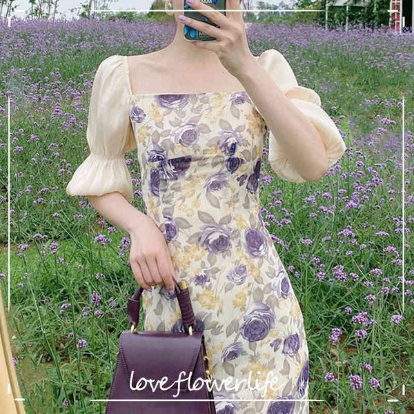 square collar floral dress women puff sleeve vintage elegant dress party dress korean sweet office lady summer 210521, Black;gray
square collar floral dress women puff sleeve vintage elegant dress party dress korean sweet office lady summer 210521, Black;gray