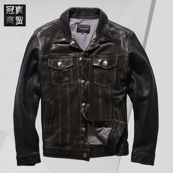 fashion leather casual denim jacket men's indian head sier buckle wash fold vegetable tanned sheep h111, Black
fashion leather casual denim jacket men's indian head sier buckle wash fold vegetable tanned sheep h111, Black