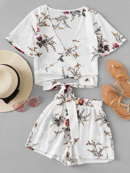 summer irregular chalaza hem shorts women short sleeve loose deep v collar flower two-piece two piece clothing suit set women's tracksu, Gray 
summer irregular chalaza hem shorts women short sleeve loose deep v collar flower two-piece two piece clothing suit set women's tracksu, Gray