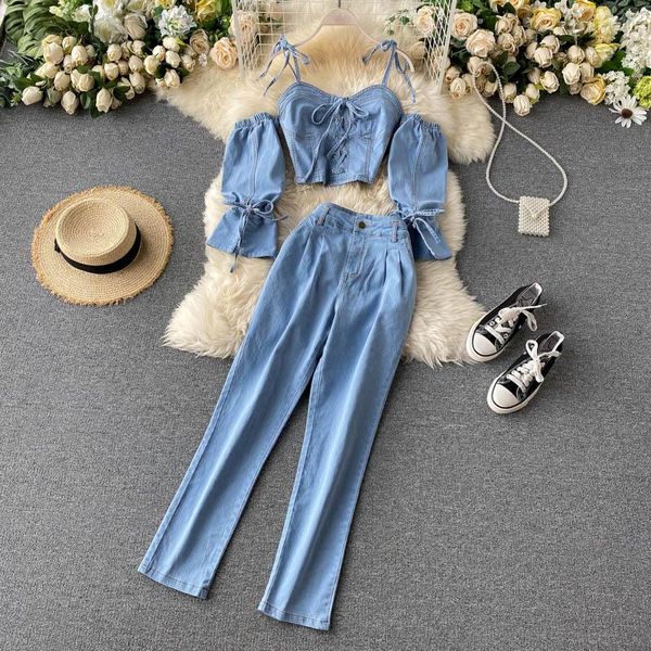 women's two piece pants amolapha women off shoulder slash neck puff sleeve denim jumper + suit jeans trousers 2pcs sets, White
women's two piece pants amolapha women off shoulder slash neck puff sleeve denim jumper + suit jeans trousers 2pcs sets, White