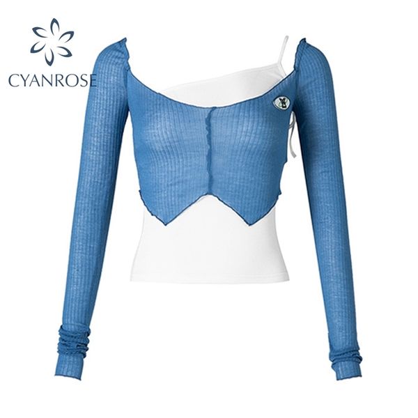 summer fashion t shirt women blue gauze hollowing out transparent perspective white bottoming crop long sleeve female 210430
summer fashion t shirt women blue gauze hollowing out transparent perspective white bottoming crop long sleeve female 210430