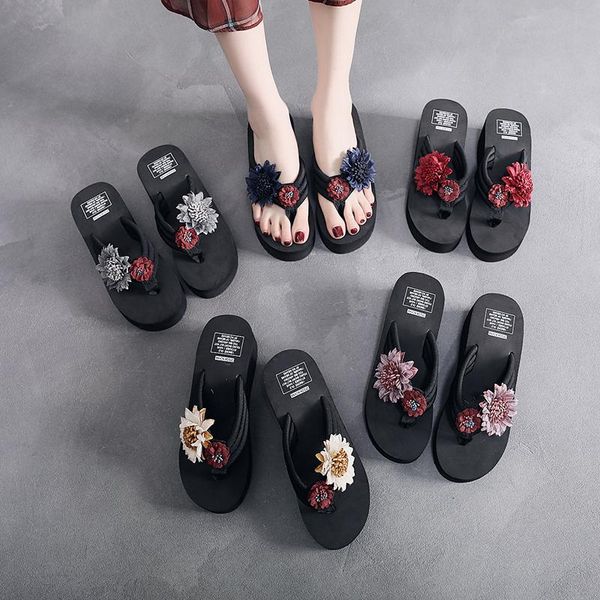 women's summer outside slippers fashion high-heeled platform flip-flops handmade sun flower non-slip wedges beach shoes, Black
women's summer outside slippers fashion high-heeled platform flip-flops handmade sun flower non-slip wedges beach shoes, Black