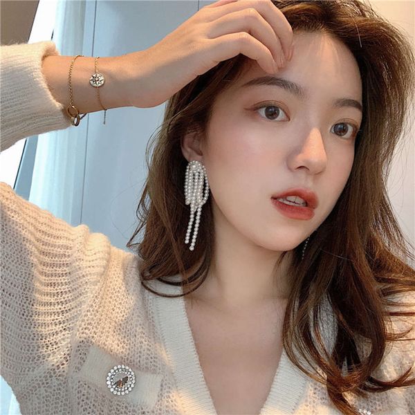 s925 silver needle pearl women's long bow temperament tassel korean fashionable exaggerated earrings 1323, Black
s925 silver needle pearl women's long bow temperament tassel korean fashionable exaggerated earrings 1323, Black