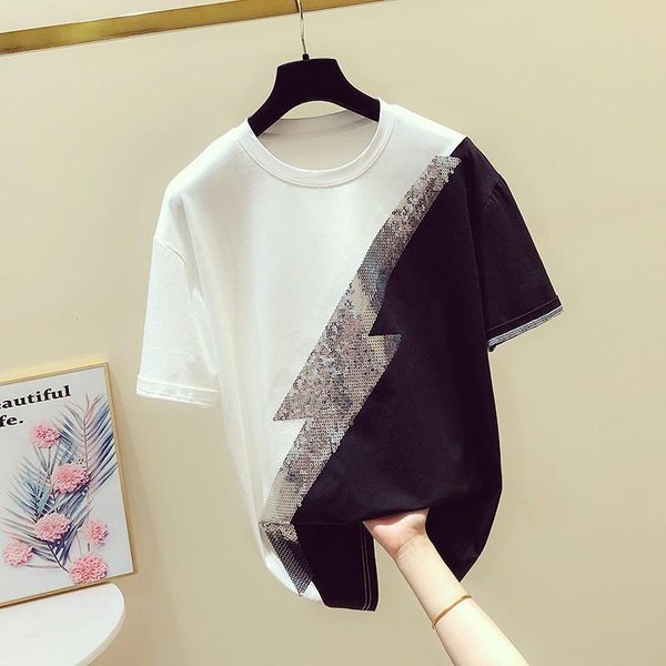 spring and summer fashion sequin color matching round neck short sleeve t-shirt women's loose top, White
spring and summer fashion sequin color matching round neck short sleeve t-shirt women's loose top, White