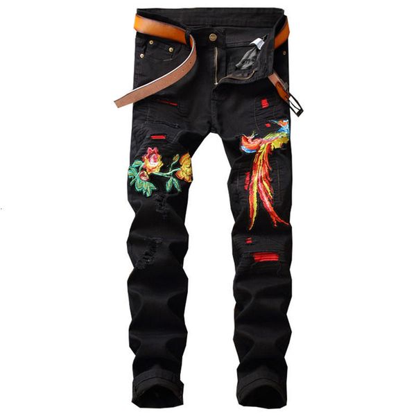 men's desinger floral embroidery jeans elastic holes printed mens fashion style homme pecil pants, Blue
men's desinger floral embroidery jeans elastic holes printed mens fashion style homme pecil pants, Blue
