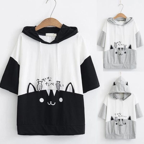 blusas 2021 cute hooded shirt cat and fish print splicing short sleeves womens blouse dames @45 women's blouses & shirts, White
blusas 2021 cute hooded shirt cat and fish print splicing short sleeves womens blouse dames @45 women's blouses & shirts, White