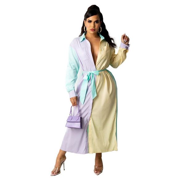 casual dresses 2021 yellow long dress women spring autumn europe america loose lapel violet light green fashion temperament n1276, Black;gray