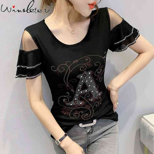 women's t-shirt summer korean style mesh shiny diamonds patchwork ruffles women bottoming shirt all match tees t15211a t, White
women's t-shirt summer korean style mesh shiny diamonds patchwork ruffles women bottoming shirt all match tees t15211a t, White