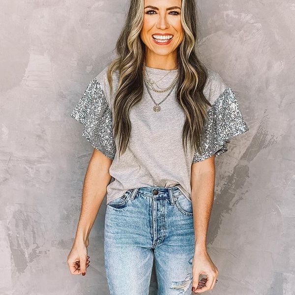 women's t-shirt european and american cross border foreign trade wear 's 2021 summer product color contrast splicing sequin, White
women's t-shirt european and american cross border foreign trade wear 's 2021 summer product color contrast splicing sequin, White