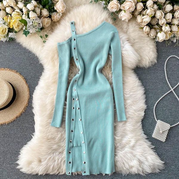 one shoulder knitting cotton women dresses button slim knee-length long-sleeved lady party clothing casual, Black;gray
one shoulder knitting cotton women dresses button slim knee-length long-sleeved lady party clothing casual, Black;gray