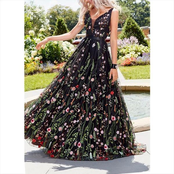 a line long gowns maxi women dresses party vestidos elegant romantic flower dress floor length evening club ladies, Black;gray 
a line long gowns maxi women dresses party vestidos elegant romantic flower dress floor length evening club ladies, Black;gray