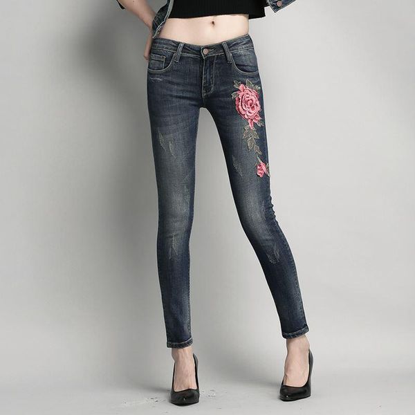 women's jeans fashion high-waisted flower embroidery slim fit pencil european style ninth denim pants, Blue
women's jeans fashion high-waisted flower embroidery slim fit pencil european style ninth denim pants, Blue