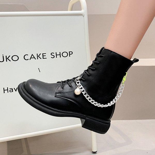 boots women ankle fashion side zipper 2021 chain decorate platform thick bottom lace up females booties motorcycle, Black 
boots women ankle fashion side zipper 2021 chain decorate platform thick bottom lace up females booties motorcycle, Black