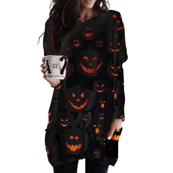 spring and autumn evil pumpkin printed pattern long pocket t-shirt female elements round neck loose comfortable homewear, Black;gray
spring and autumn evil pumpkin printed pattern long pocket t-shirt female elements round neck loose comfortable homewear, Black;gray