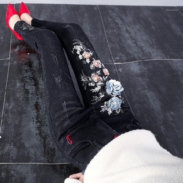 fashion spring women's black denim trousers casual mid-waist flower embroidered jeans pencil pants slim long, Blue
fashion spring women's black denim trousers casual mid-waist flower embroidered jeans pencil pants slim long, Blue