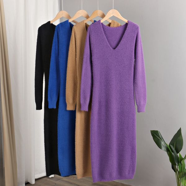 v neck long knit women sweater dress elegant winter sleeve pullover midi thick christmas party dresses, Black;gray
v neck long knit women sweater dress elegant winter sleeve pullover midi thick christmas party dresses, Black;gray