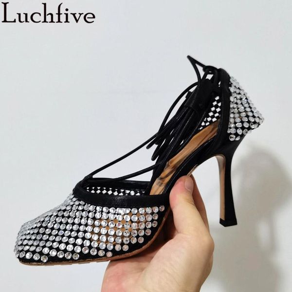 sandals summer glitter crystal high heel shoes women air mesh square toe stiletto lace up designer party wedding, Black 
sandals summer glitter crystal high heel shoes women air mesh square toe stiletto lace up designer party wedding, Black