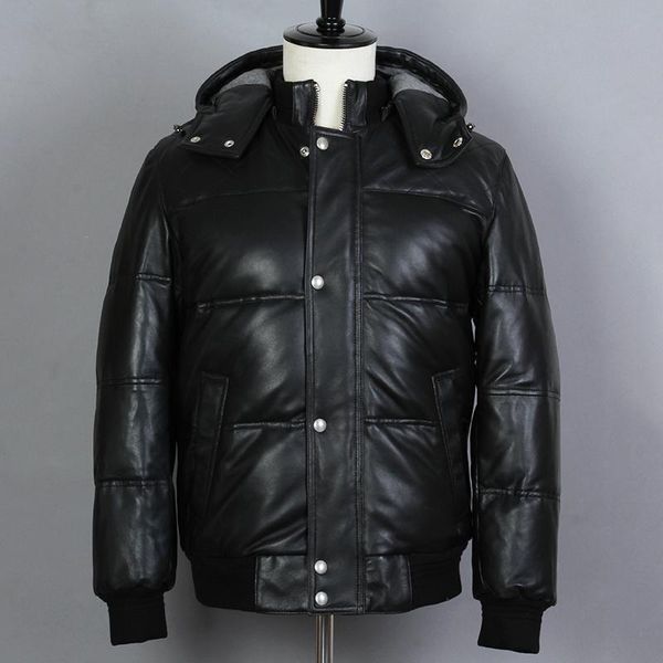 men's genuine leather down jacket sheepskin thick short hooded winter coat casual real men & faux, Black
men's genuine leather down jacket sheepskin thick short hooded winter coat casual real men & faux, Black
