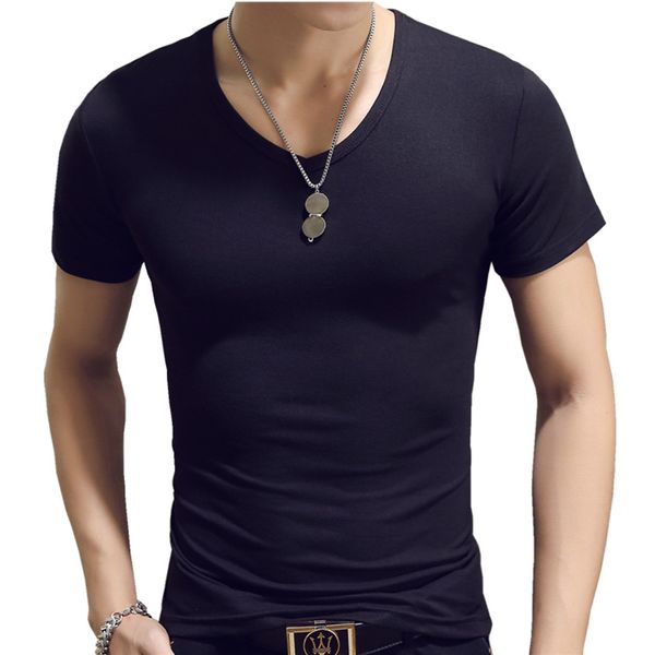 

Summer solid Basic men's T-shirt Korean version of slim fit Simple short sleeve Outdoor street fashion, Black-crew neck