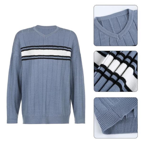 women vintage contrast color striped sweater v-neck long sleeve casual loose pullover preppy style knitted jumper, White;black
women vintage contrast color striped sweater v-neck long sleeve casual loose pullover preppy style knitted jumper, White;black