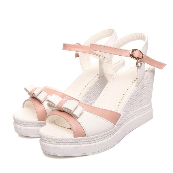 sandals womens sandals, sweet and cute, korean version, heightened, bow knot, thick heel lace shoes, size 33-43, Black