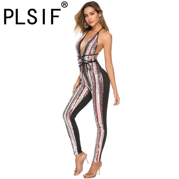 women's jumpsuits & rompers 2021 shiny fashion striped sequined lady halter deep v-neck night club party sparkly catsuits, Black;white
women's jumpsuits & rompers 2021 shiny fashion striped sequined lady halter deep v-neck night club party sparkly catsuits, Black;white