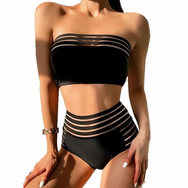 women's swimwear 2022 arrival bandeau swimsuit black mesh split bikini swimming suit for women high waist 2 piece, White;black
women's swimwear 2022 arrival bandeau swimsuit black mesh split bikini swimming suit for women high waist 2 piece, White;black
