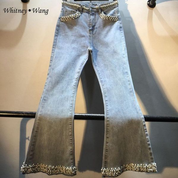 women's jeans whitney wang 2021 spring fashion streetwear pearls diamonds beading flare women stylish denim pants plus size 5xl, Blue