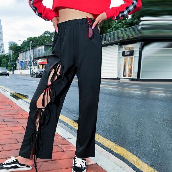 autumn women's high waist leisure hollow bandage straight pants & capris, Black;white
autumn women's high waist leisure hollow bandage straight pants & capris, Black;white