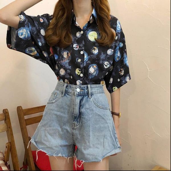 retro cartoon planet printed women shirt summer short sleeved lapel loose casual, White
retro cartoon planet printed women shirt summer short sleeved lapel loose casual, White