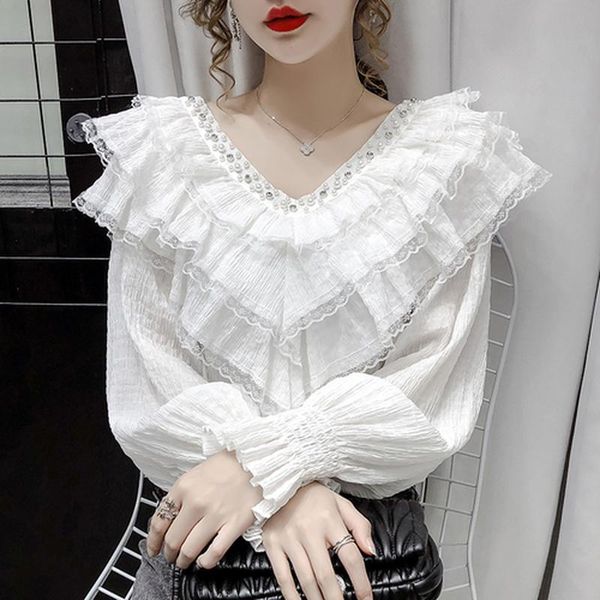women's blouses & shirts 2021 autumn stylish lace ruffle stitching blouse women v neck lady shirt lantern long sleeve korean vintage so, White
women's blouses & shirts 2021 autumn stylish lace ruffle stitching blouse women v neck lady shirt lantern long sleeve korean vintage so, White