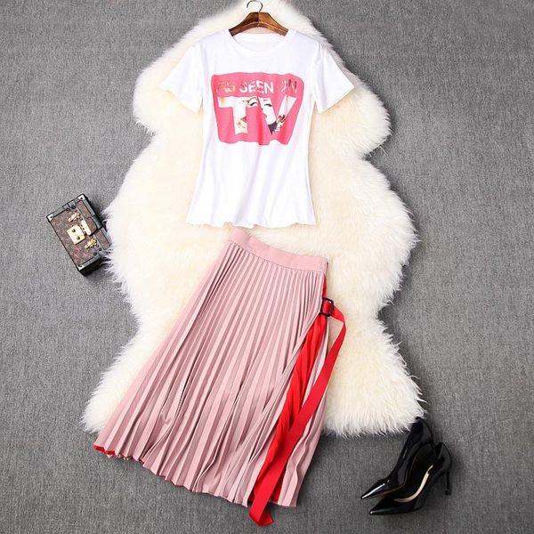 women 2021 summer white t-shirts letters print short sleeve + color block pleated pink skirt suit casual two piece set dress
women 2021 summer white t-shirts letters print short sleeve + color block pleated pink skirt suit casual two piece set dress