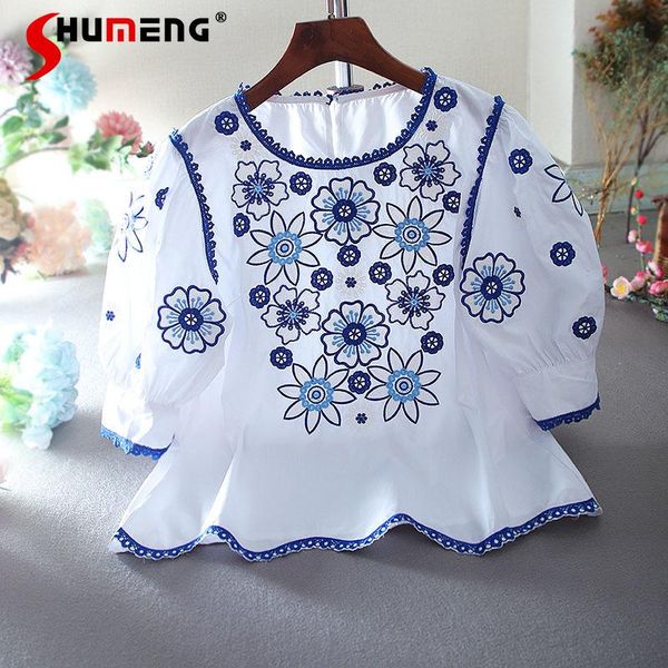 women's blouses & shirts 2021 summer ethnic style embroidery short puff sleeves loose women round neck pullover shirt fashion vintage b, White
women's blouses & shirts 2021 summer ethnic style embroidery short puff sleeves loose women round neck pullover shirt fashion vintage b, White