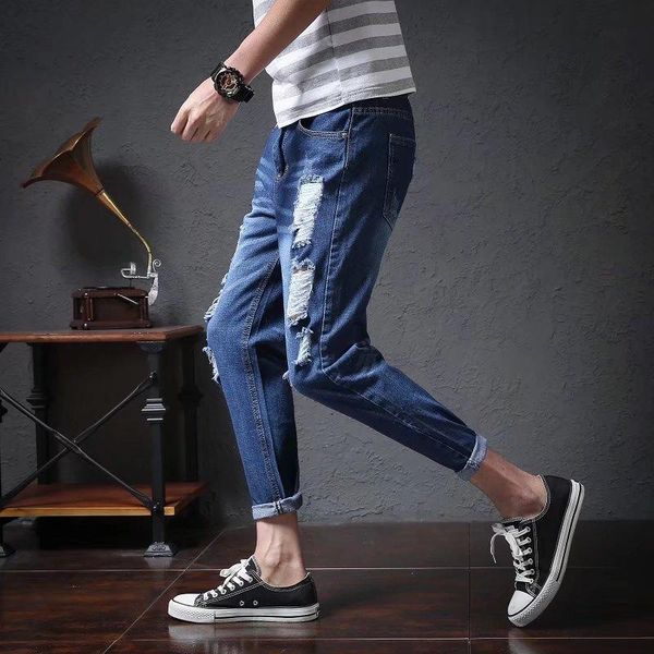 hole pants men's summer casual jeans korean beggar slim teenager ripped blue cowboy male feet harem
