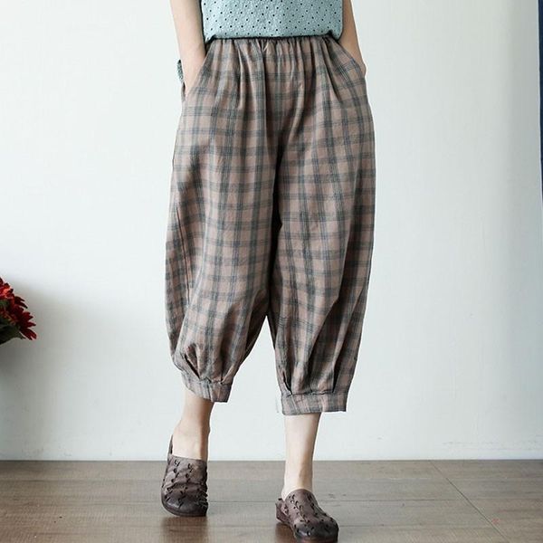 women's pants & capris johnature leisure retro plaid cotton linen elastic waist harem 2021 summer loose all-match women calf-length, Black;white 
women's pants & capris johnature leisure retro plaid cotton linen elastic waist harem 2021 summer loose all-match women calf-length, Black;white
